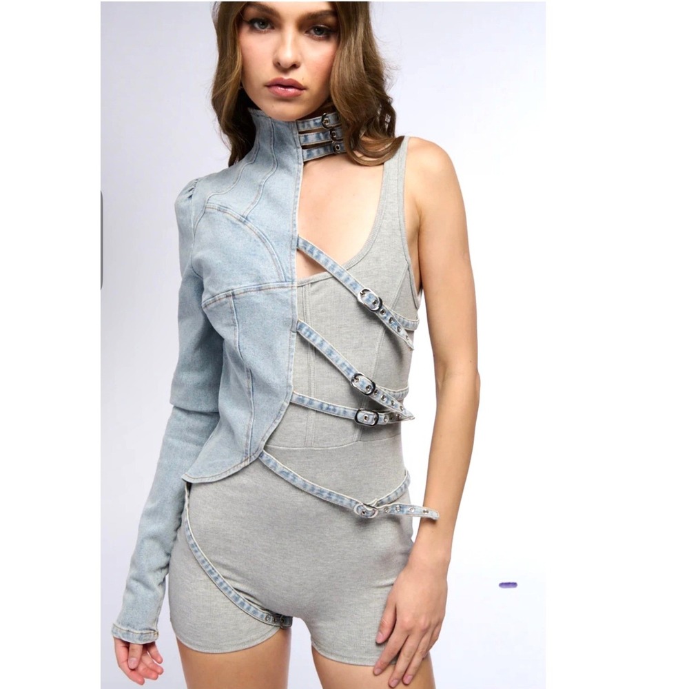 New XPLUSWEAR 2XL One Sleeve Denim Jacket Women‎ Blue Asymmetric Buckle Straps